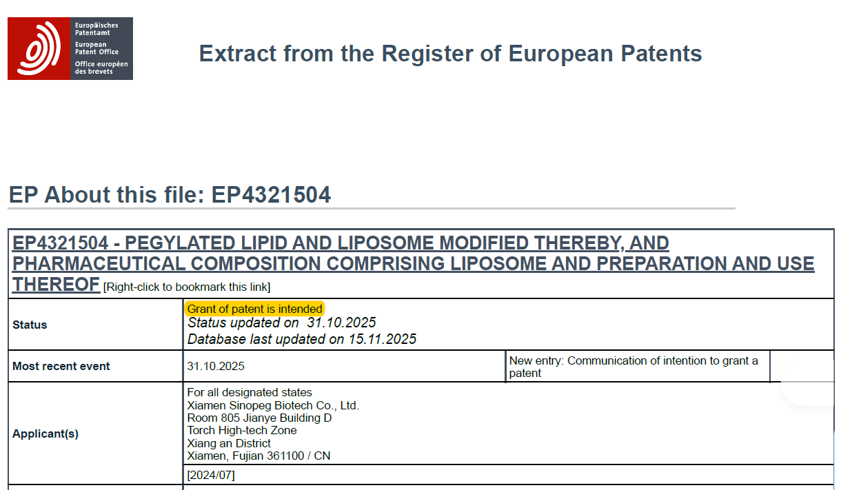 賽諾邦格mPEG-DTA-1與HO-PEG-DTA-5獲歐洲專(zhuān)利授權(quán)，國(guó)產(chǎn)高端LNP輔料贏得國(guó)際認(rèn)可